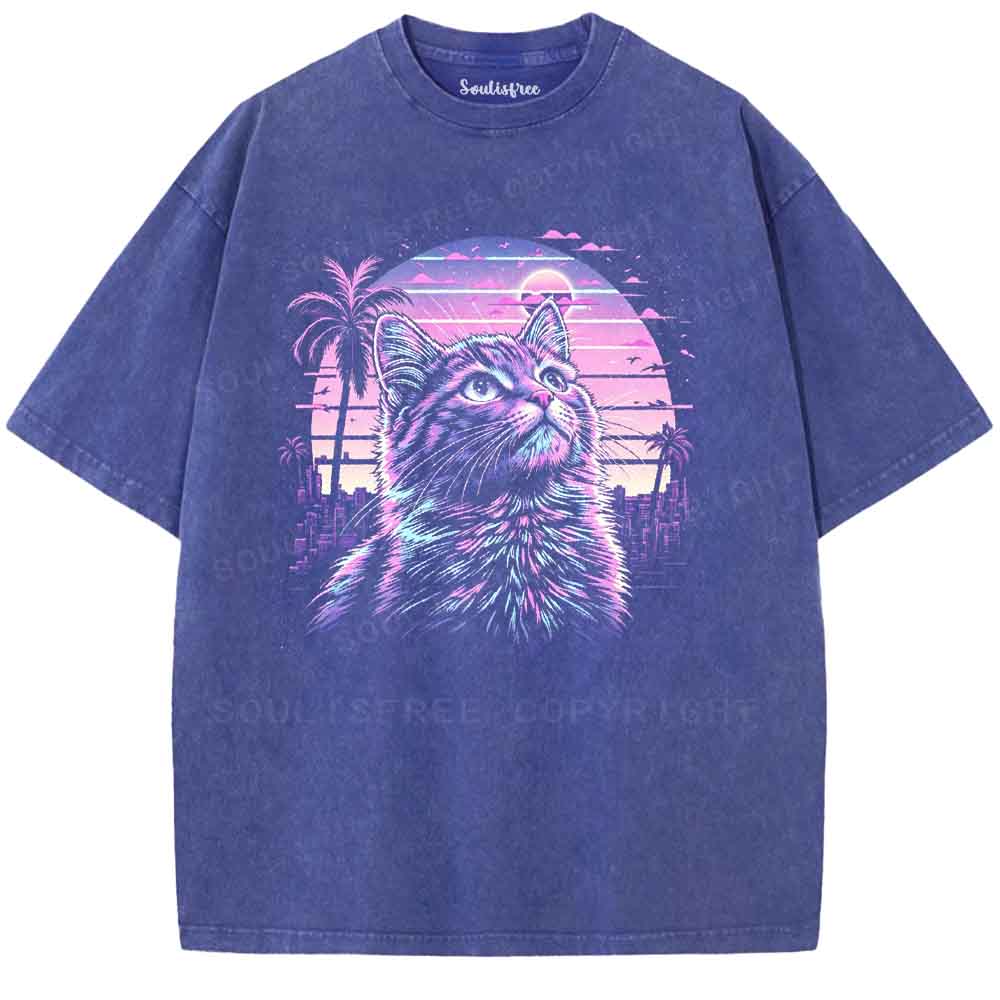 Soulisfree Vaporwave Neon Cat Washed Tee