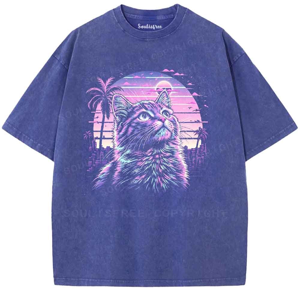 Soulisfree Vaporwave Neon Cat Washed Tee