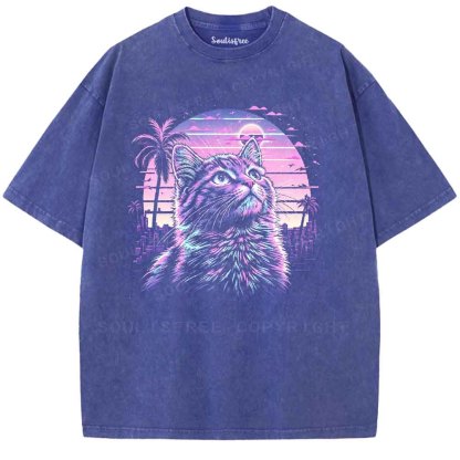Soulisfree Vaporwave Neon Cat Washed Tee