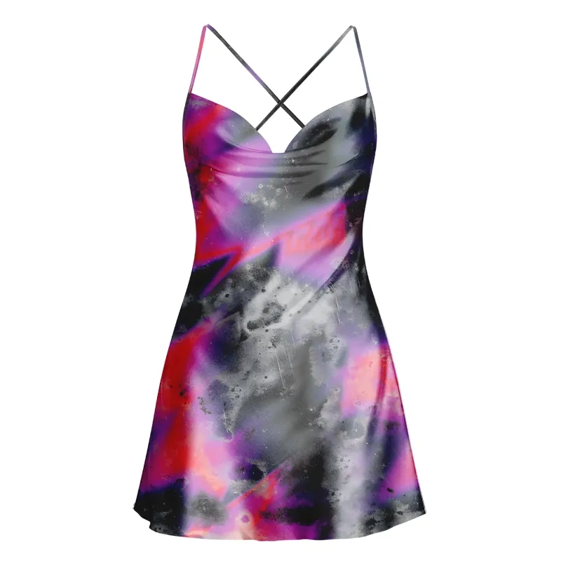 Soulisfree Neon Graffiti Swirl Cowl Neck Satin Mini Dress