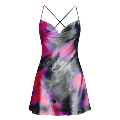 Soulisfree Neon Graffiti Swirl Cowl Neck Satin Mini Dress