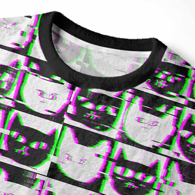 Soulisfree Neon Glitch Cat Fuzzy Crewneck Sweater