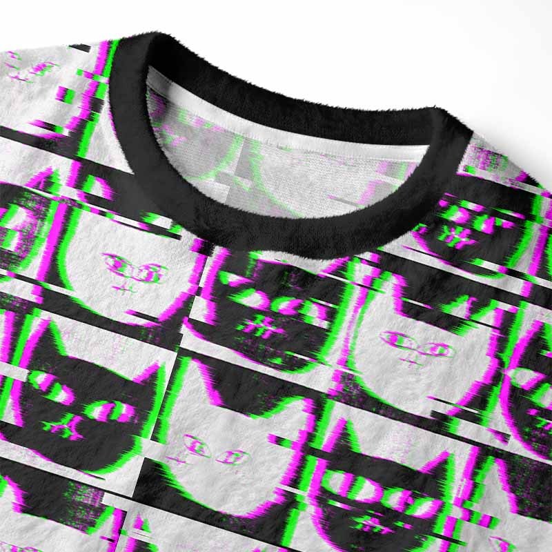 Soulisfree Neon Glitch Cat Fuzzy Crewneck Sweater