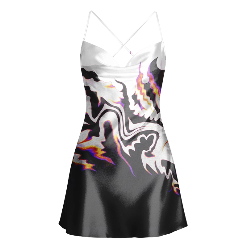 Soulisfree Neon Lava Swirl Split  Flower  Cowl Neck Satin Mini Dress