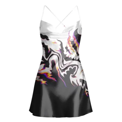 Soulisfree Neon Lava Swirl Split  Flower  Cowl Neck Satin Mini Dress