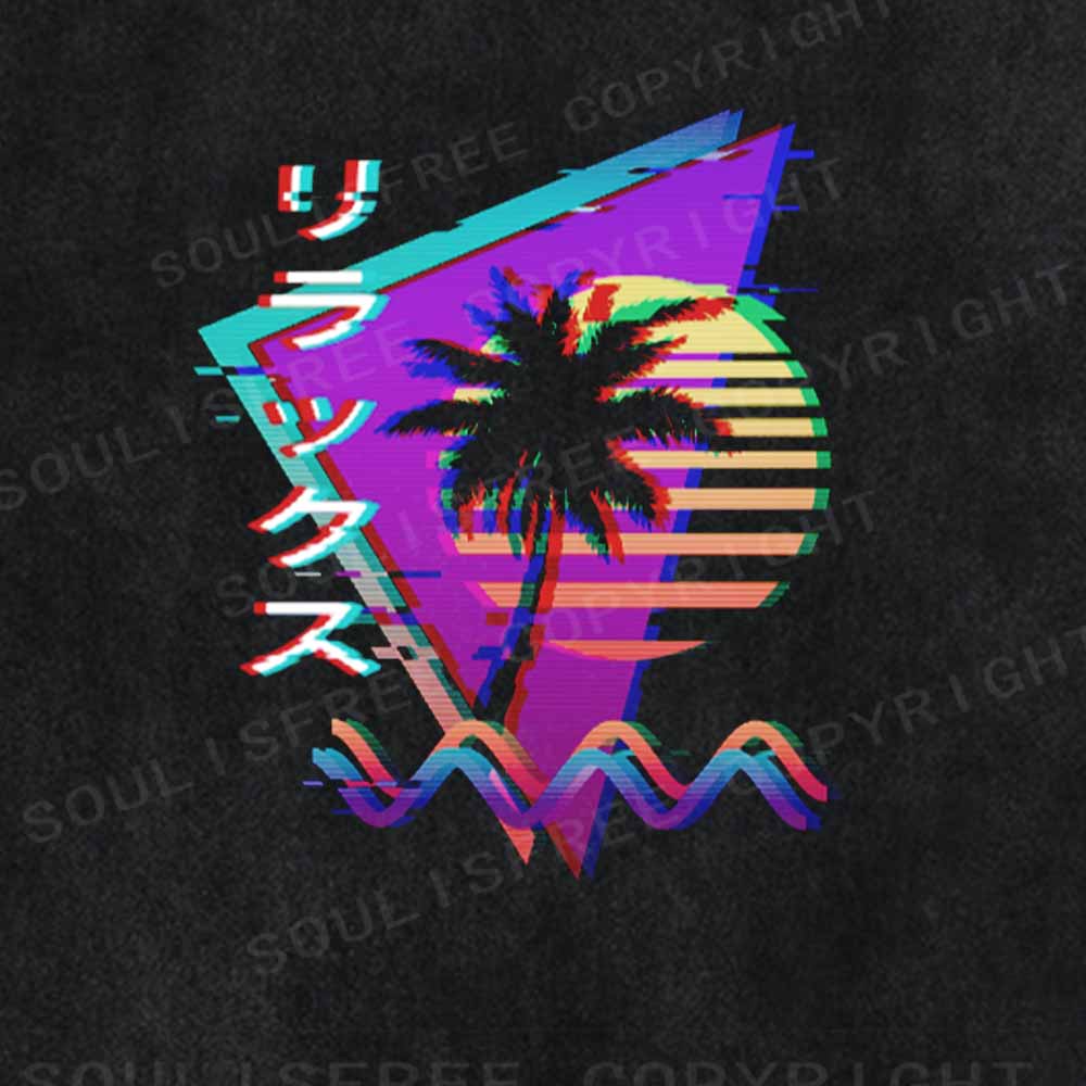 Soulisfree Vaporwave Retro 90s Sunset Glitch Aesthetic Washed Tee