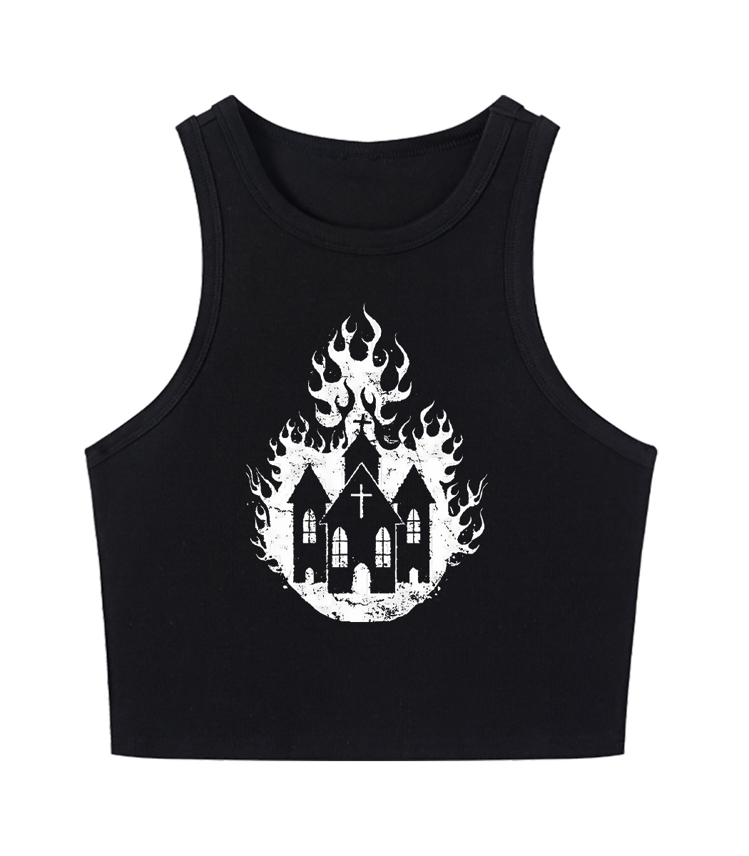 Burning Church Silhouette Y2K Crop Tank Top