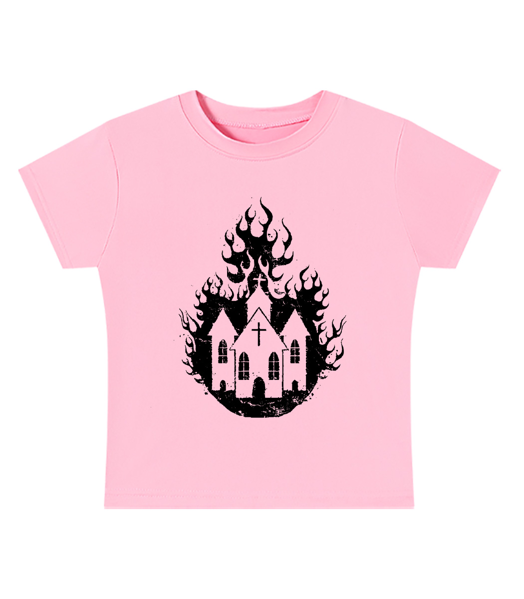 Burning Church Silhouette Y2K Baby Tee