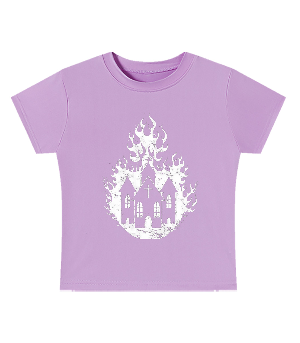 Burning Church Silhouette Y2K Baby Tee