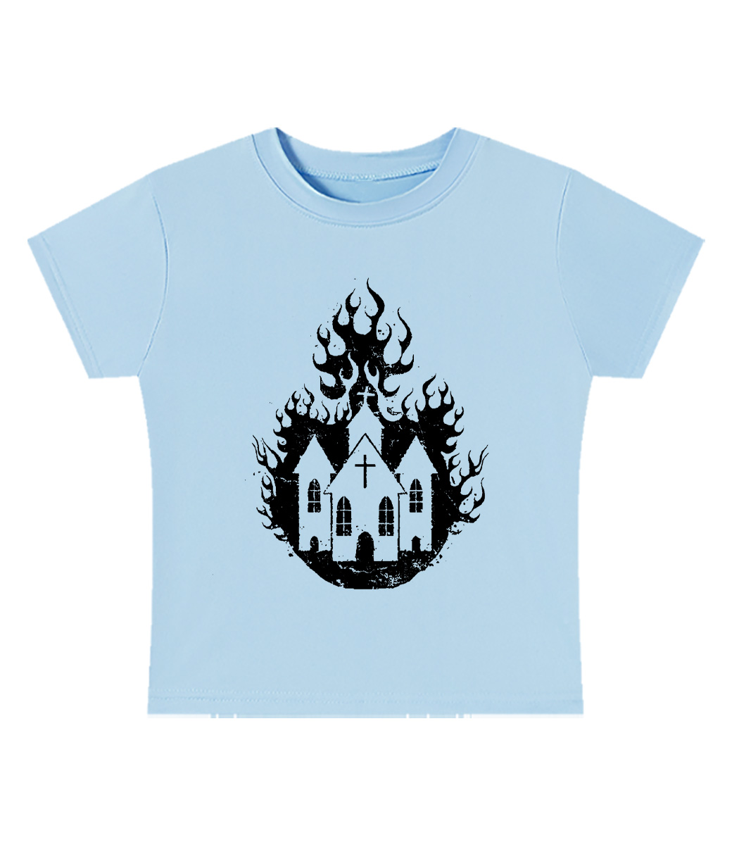Burning Church Silhouette Y2K Baby Tee