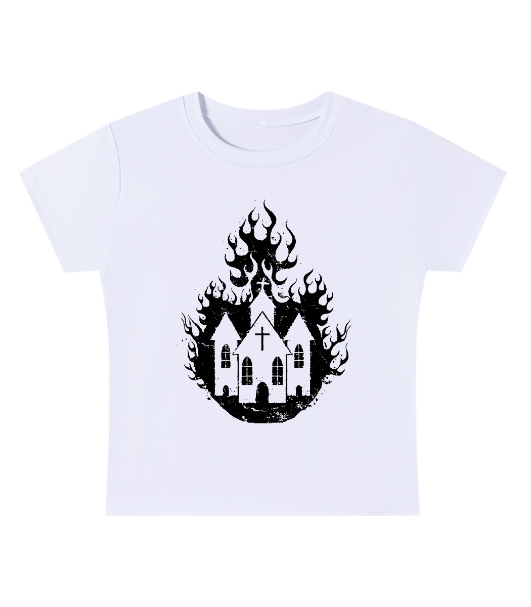 Burning Church Silhouette Y2K Baby Tee