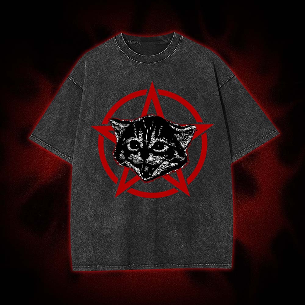 Satanic Kitten Pentagram Washed Tshirt