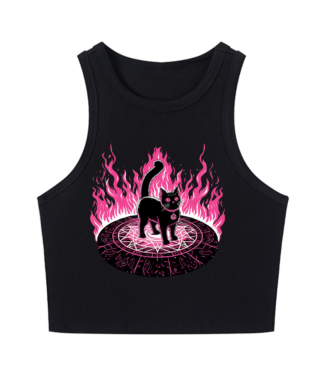 Lack Cat In Magical Flames Y2K Crop Tank Top