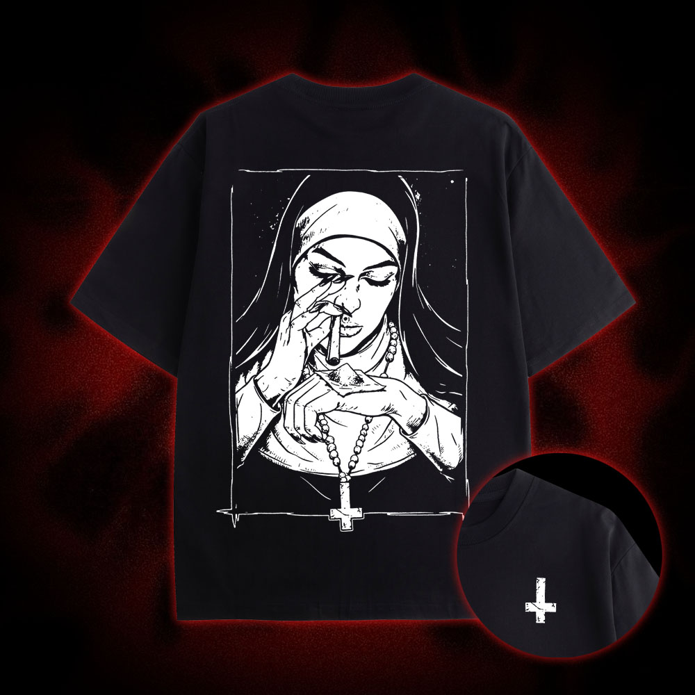 Funny Unholy Drug Nun Double Sided Print Washed Tshirt