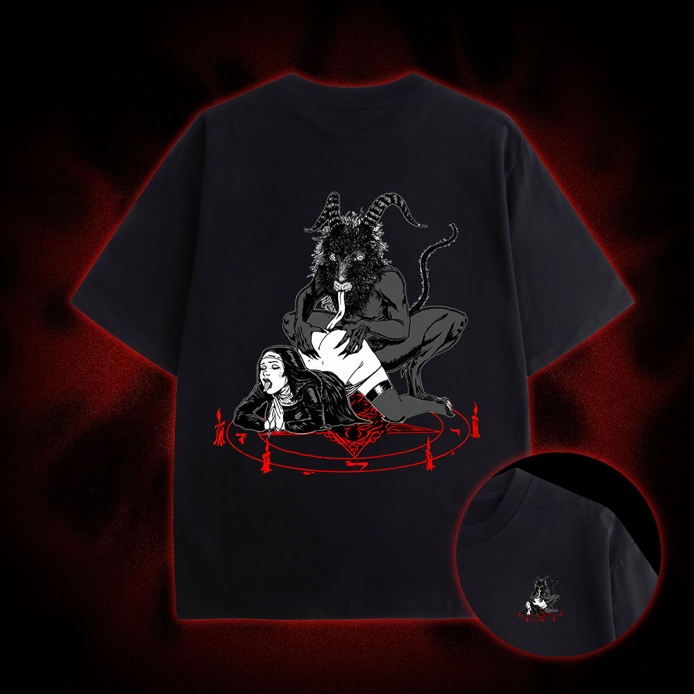 Dark Gothic Demonic Ritual Double Sided Print Washed Tshirt