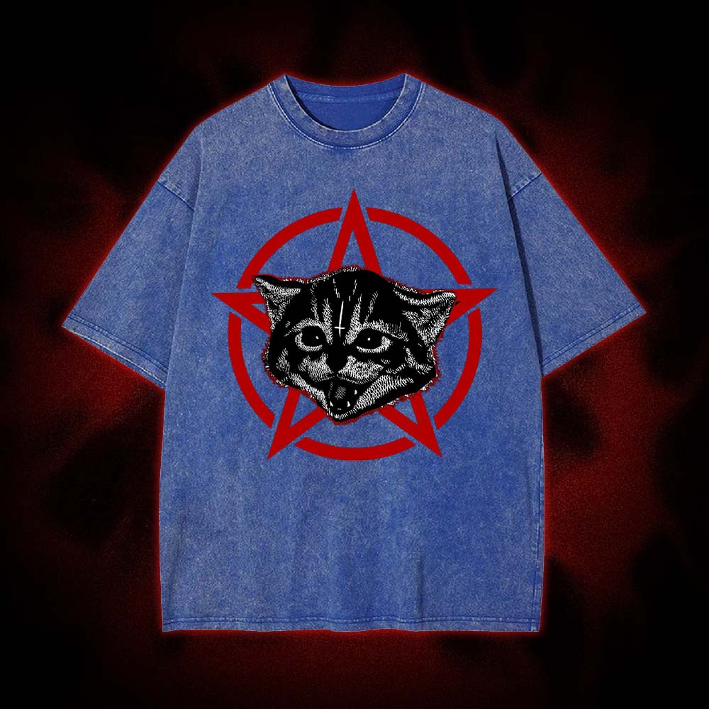 Satanic Kitten Pentagram Washed Tshirt