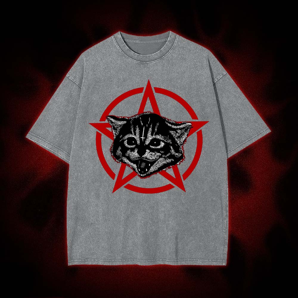 Satanic Kitten Pentagram Washed Tshirt