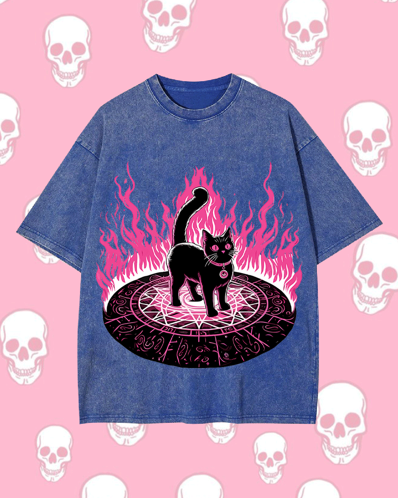 Lack Cat In Magical Flames Y2k Washed Tee