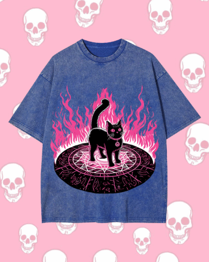 Lack Cat In Magical Flames Y2k Washed Tee