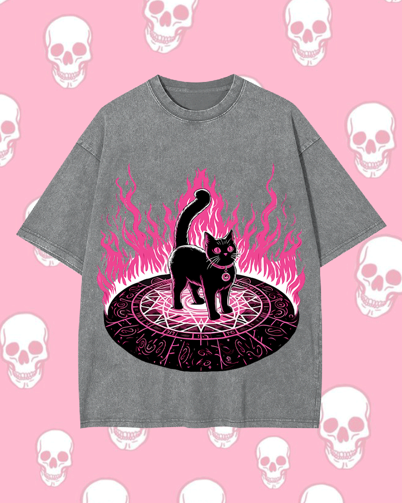 Lack Cat In Magical Flames Y2k Washed Tee