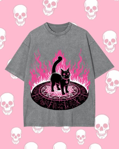 Lack Cat In Magical Flames Y2k Washed Tee