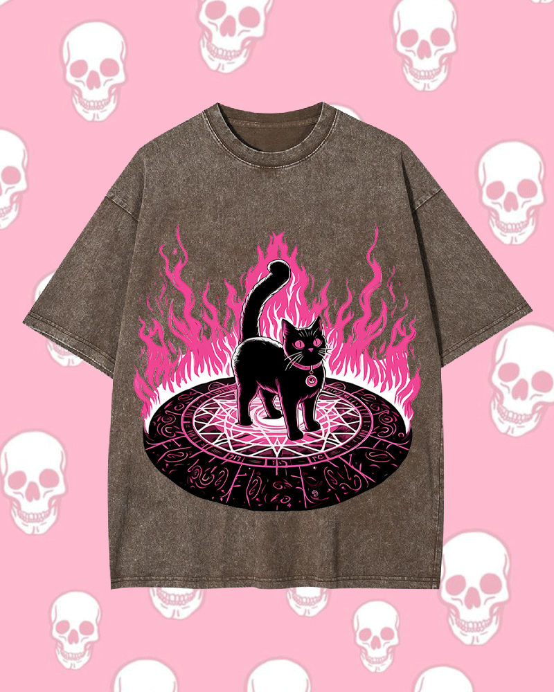 Lack Cat In Magical Flames Y2k Washed Tee