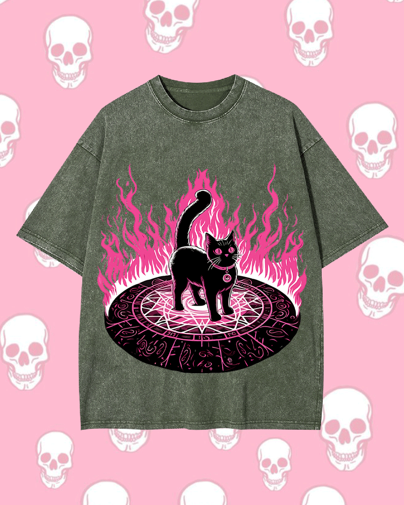Lack Cat In Magical Flames Y2k Washed Tee