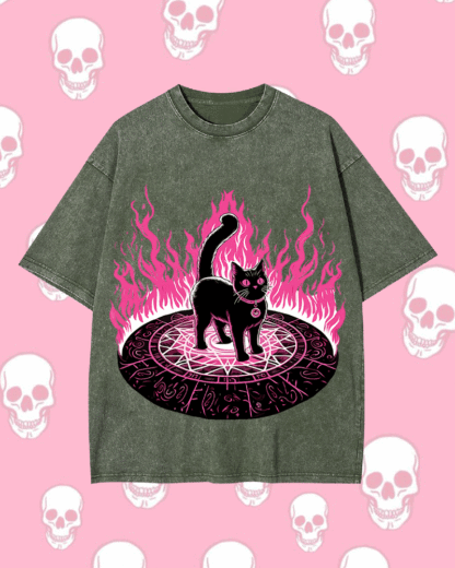 Lack Cat In Magical Flames Y2k Washed Tee