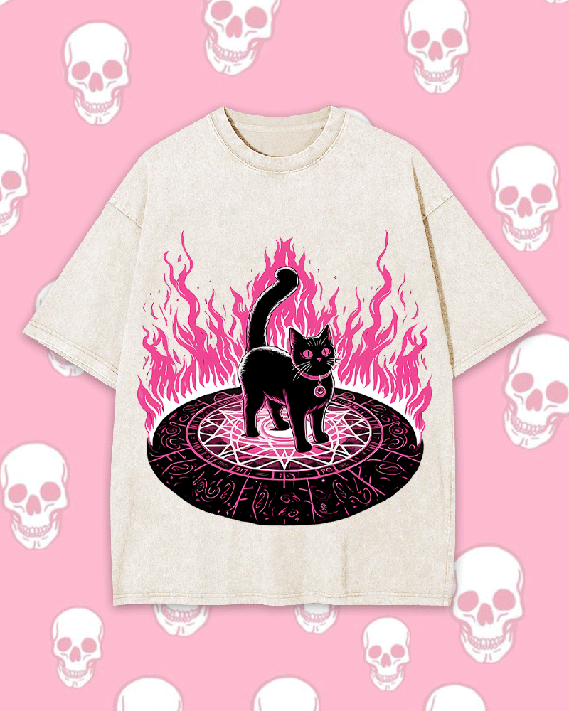 Lack Cat In Magical Flames Y2k Washed Tee