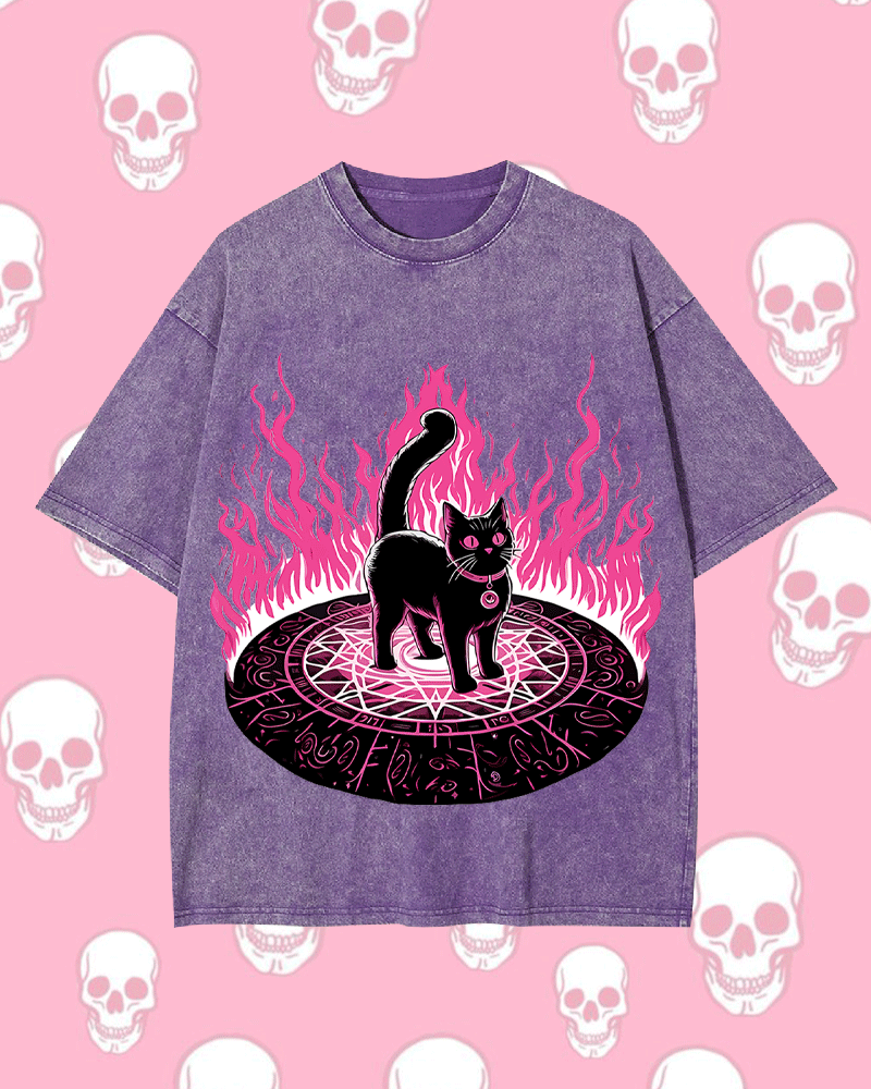 Lack Cat In Magical Flames Y2k Washed Tee