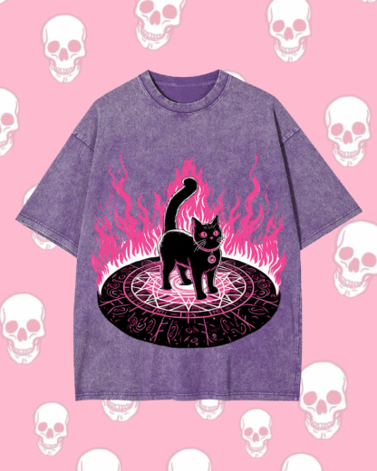 Lack Cat In Magical Flames Y2k Washed Tee