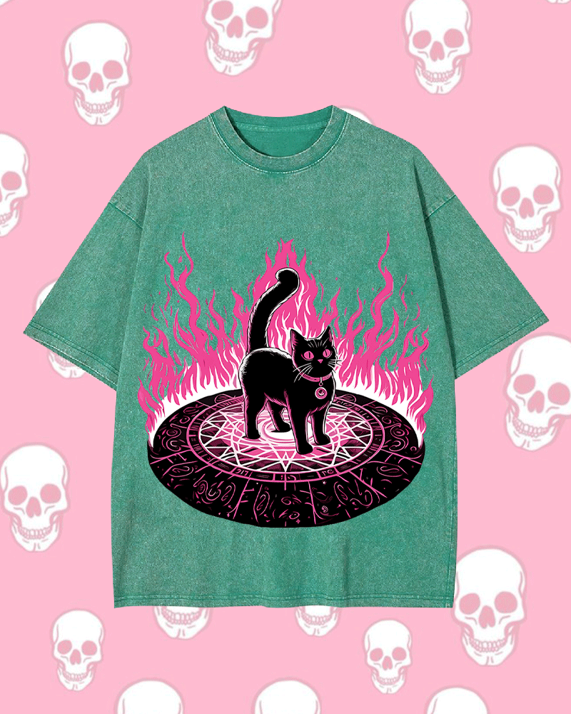 Lack Cat In Magical Flames Y2k Washed Tee