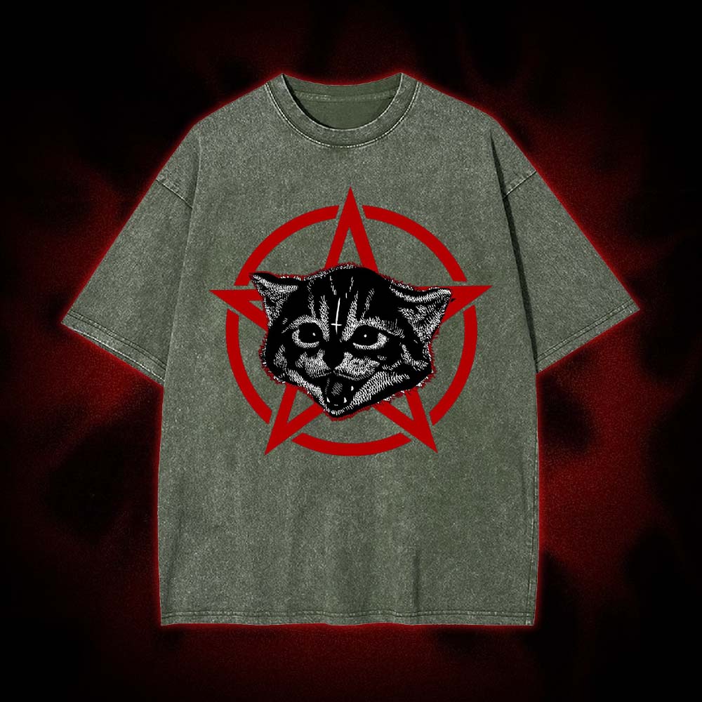 Satanic Kitten Pentagram Washed Tshirt