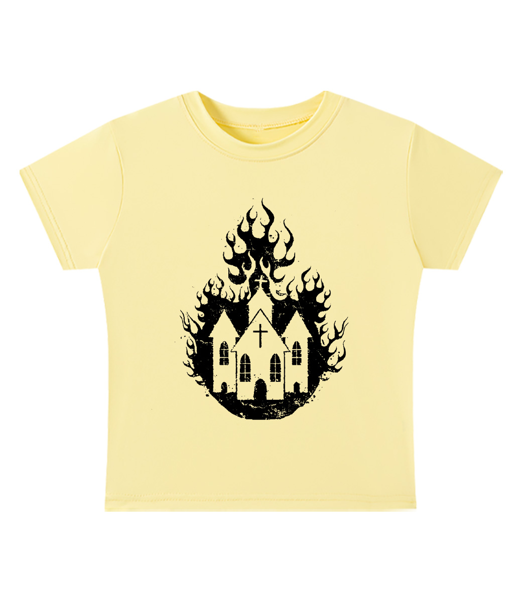 Burning Church Silhouette Y2K Baby Tee