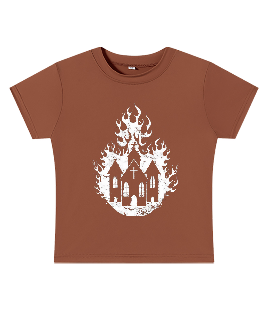 Burning Church Silhouette Y2K Baby Tee