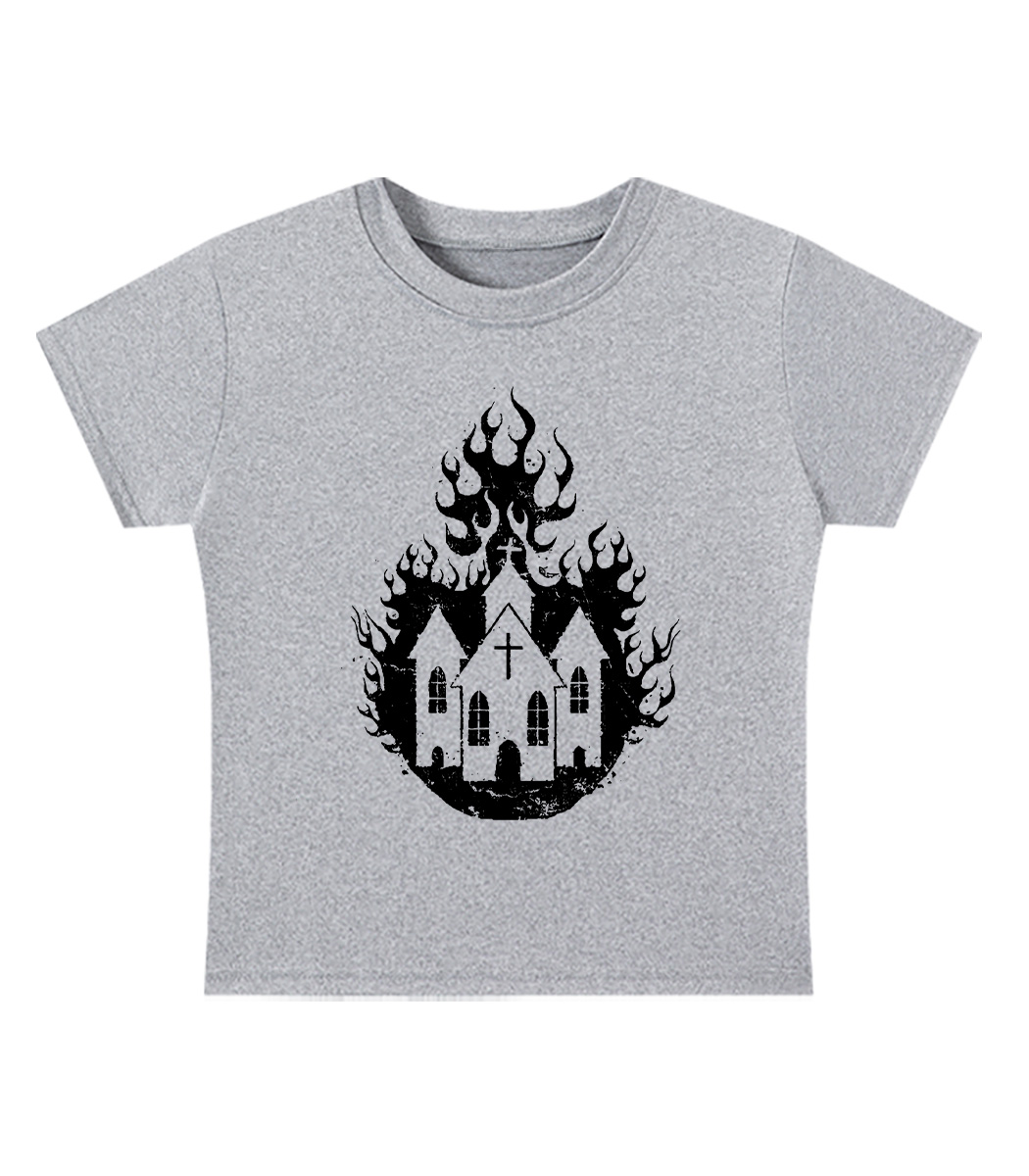 Burning Church Silhouette Y2K Baby Tee