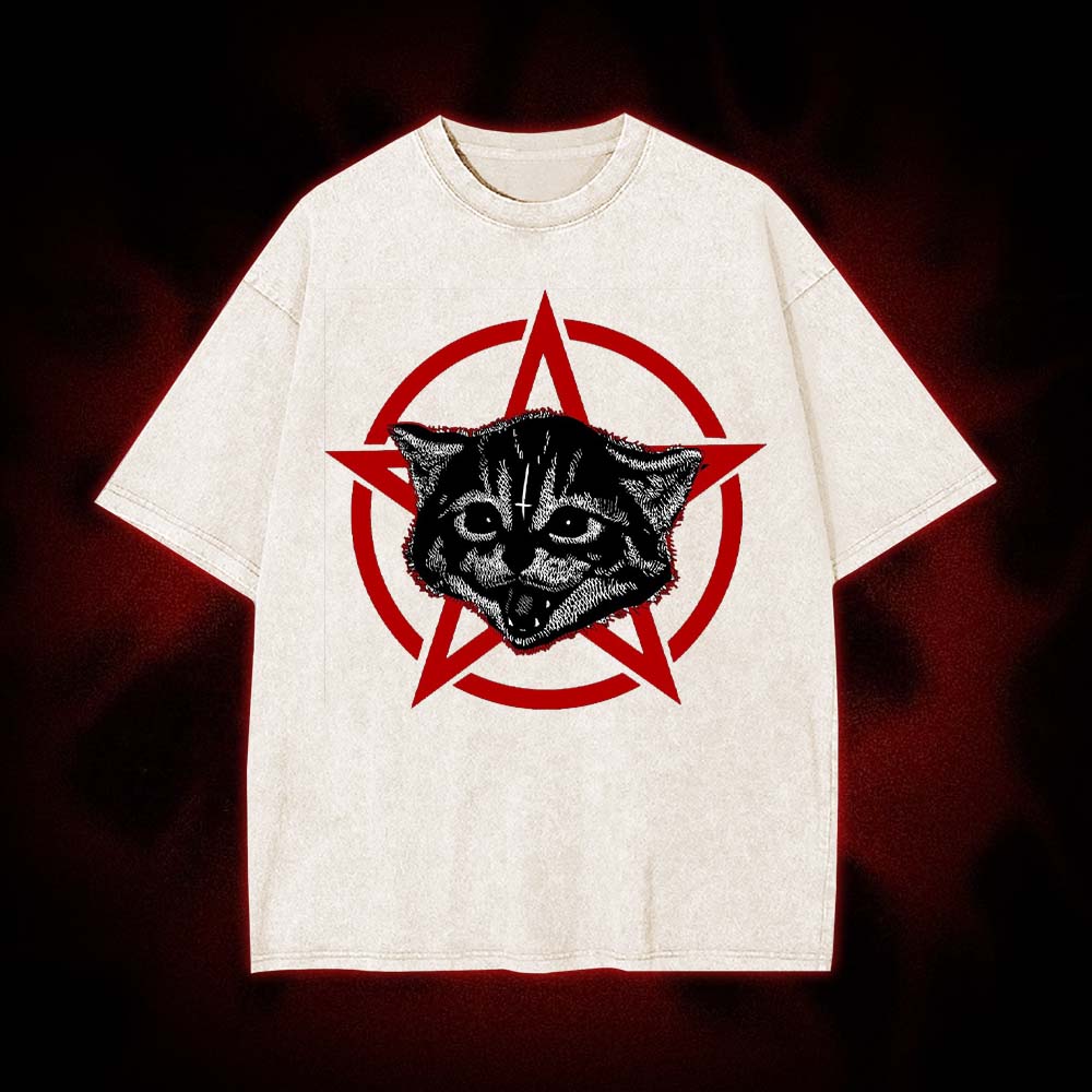 Satanic Kitten Pentagram Washed Tshirt