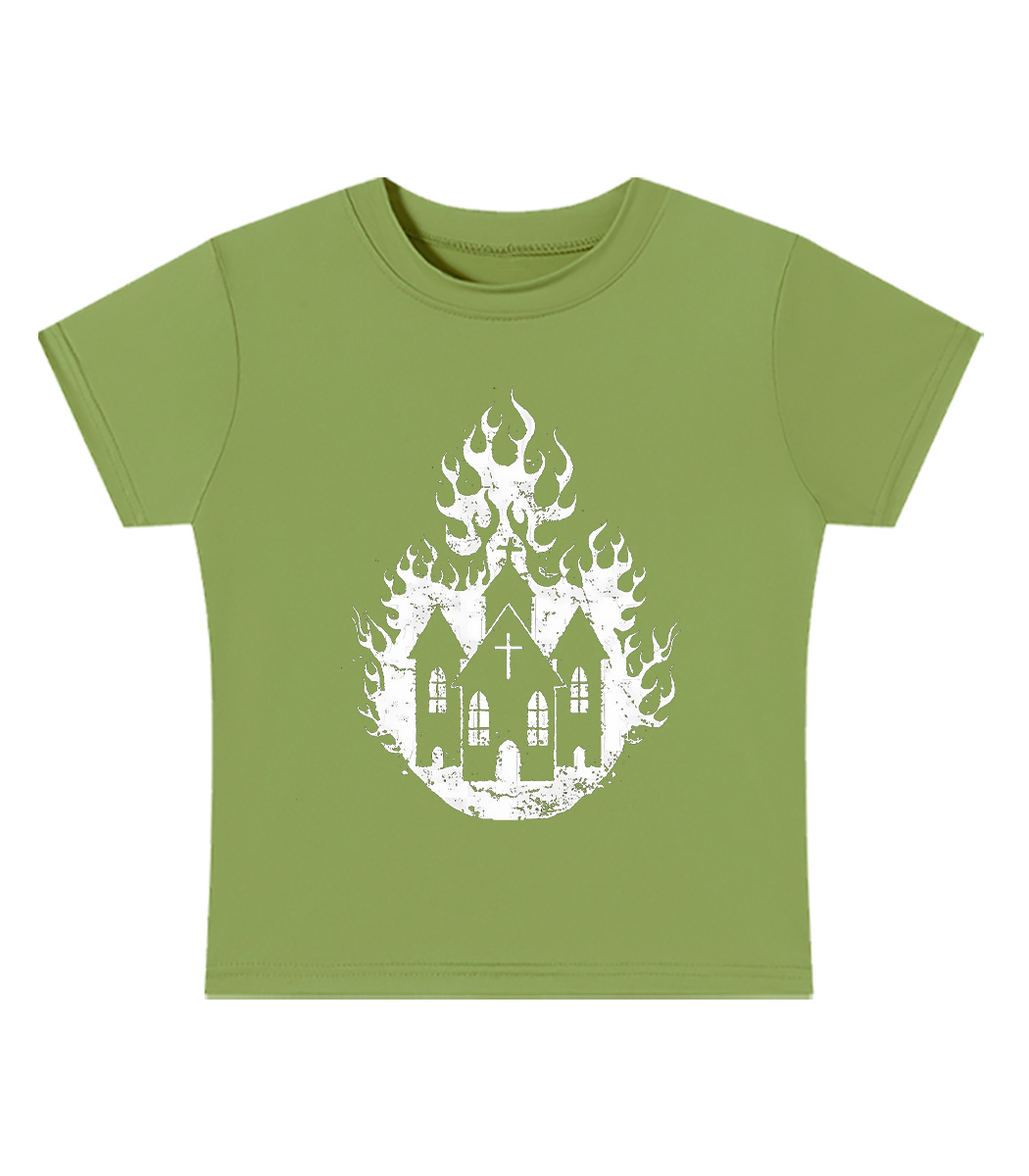 Burning Church Silhouette Y2K Baby Tee
