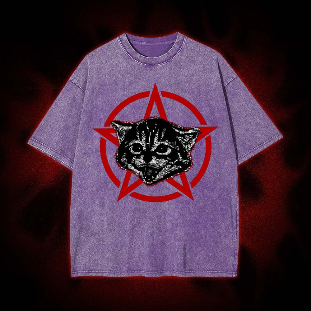 Satanic Kitten Pentagram Washed Tshirt