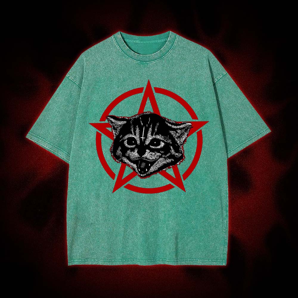 Satanic Kitten Pentagram Washed Tshirt