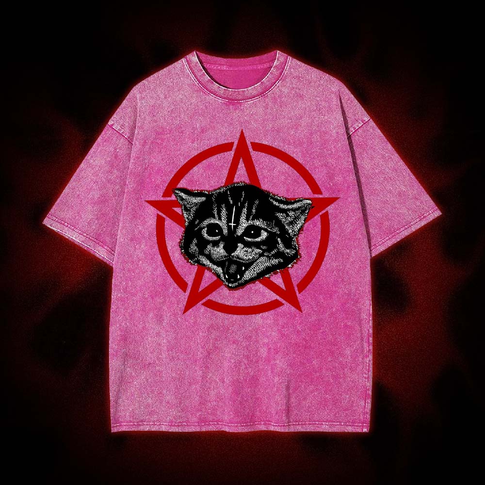 Satanic Kitten Pentagram Washed Tshirt