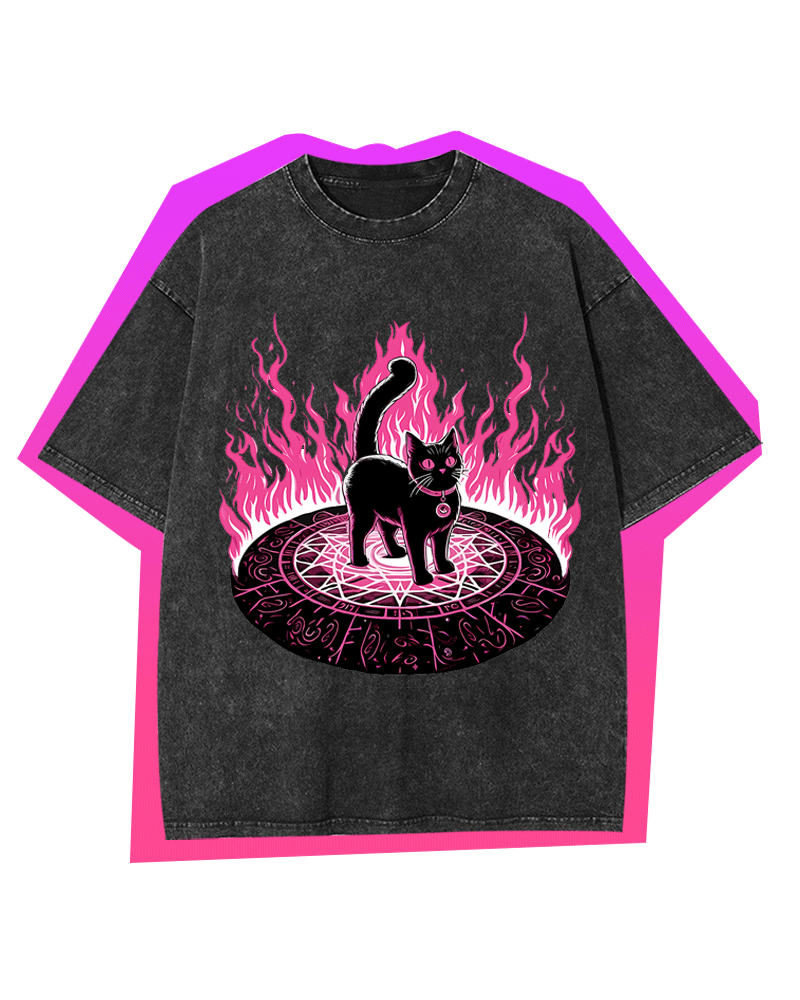 Lack Cat In Magical Flames Y2k Washed Tee