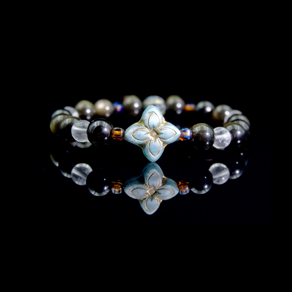 Four-Leaf Clover- Godden sheen obsidian with Brazilian clear quartz and Czech glass bracelet