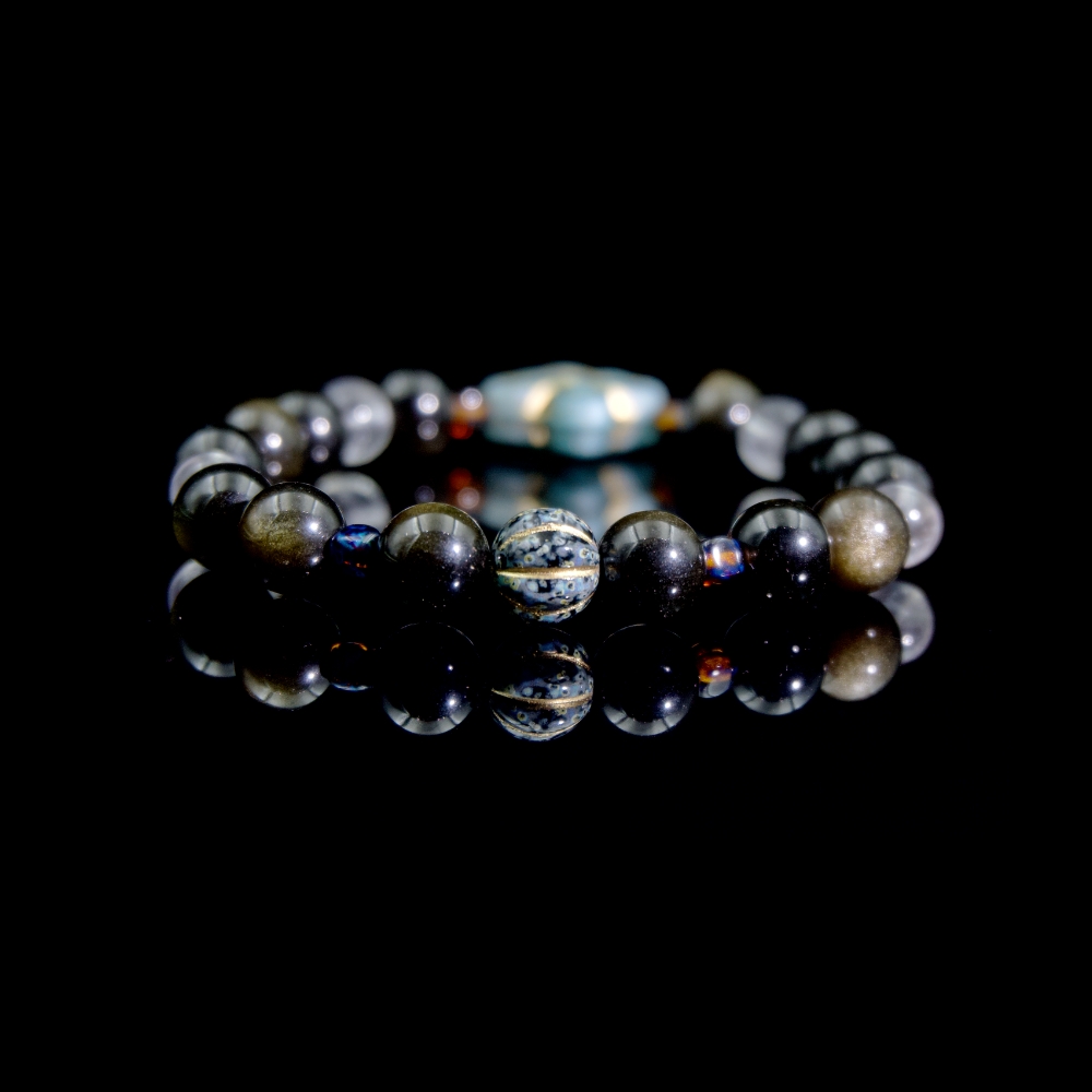 Four-Leaf Clover- Godden sheen obsidian with Brazilian clear quartz and Czech glass bracelet