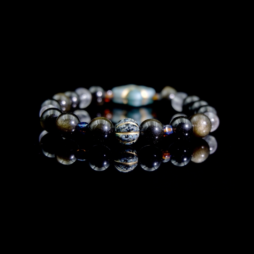 Four-Leaf Clover- Godden sheen obsidian with Brazilian clear quartz and Czech glass bracelet
