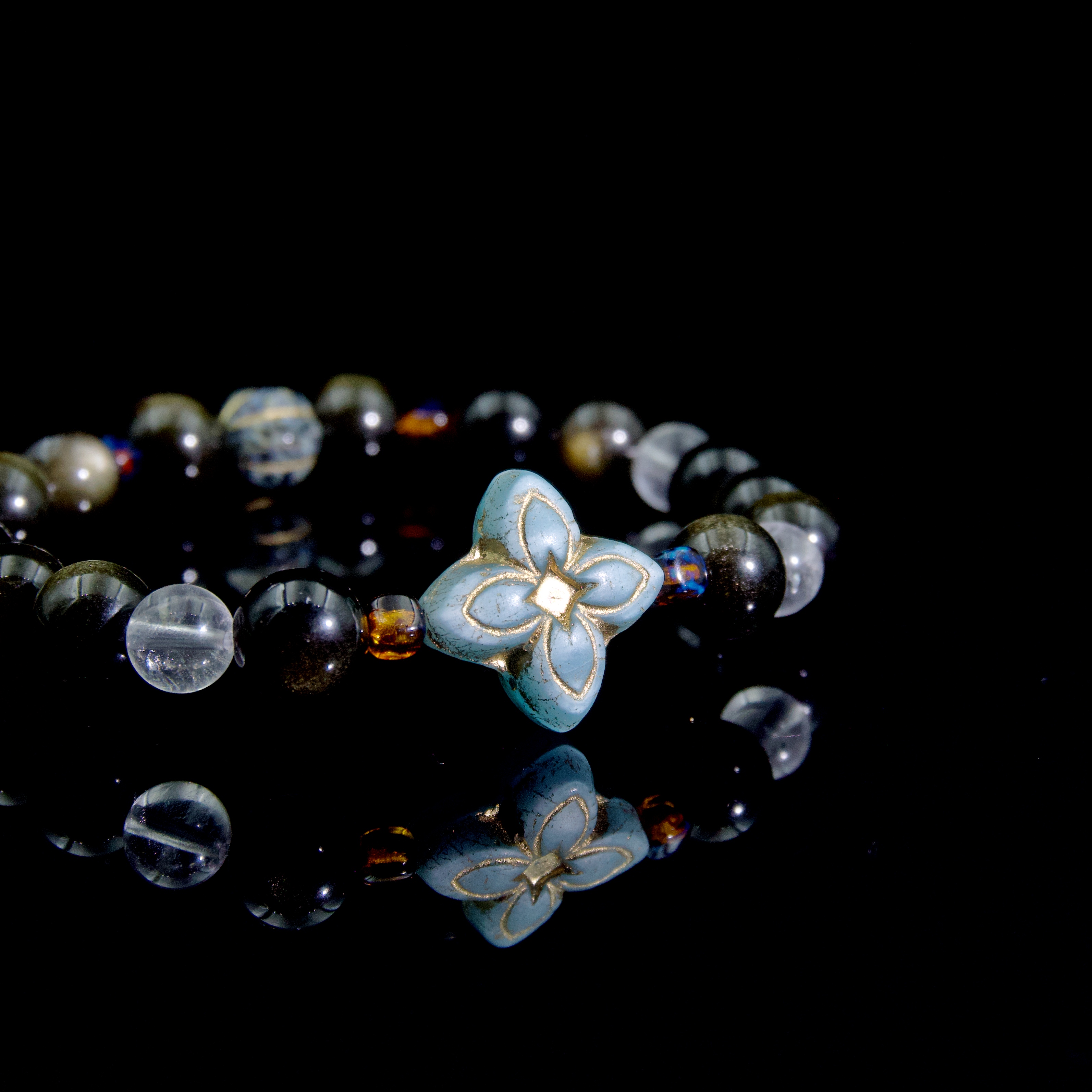 Four-Leaf Clover- Godden sheen obsidian with Brazilian clear quartz and Czech glass bracelet