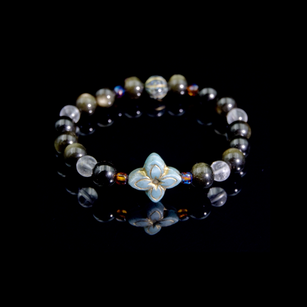 Four-Leaf Clover- Godden sheen obsidian with Brazilian clear quartz and Czech glass bracelet