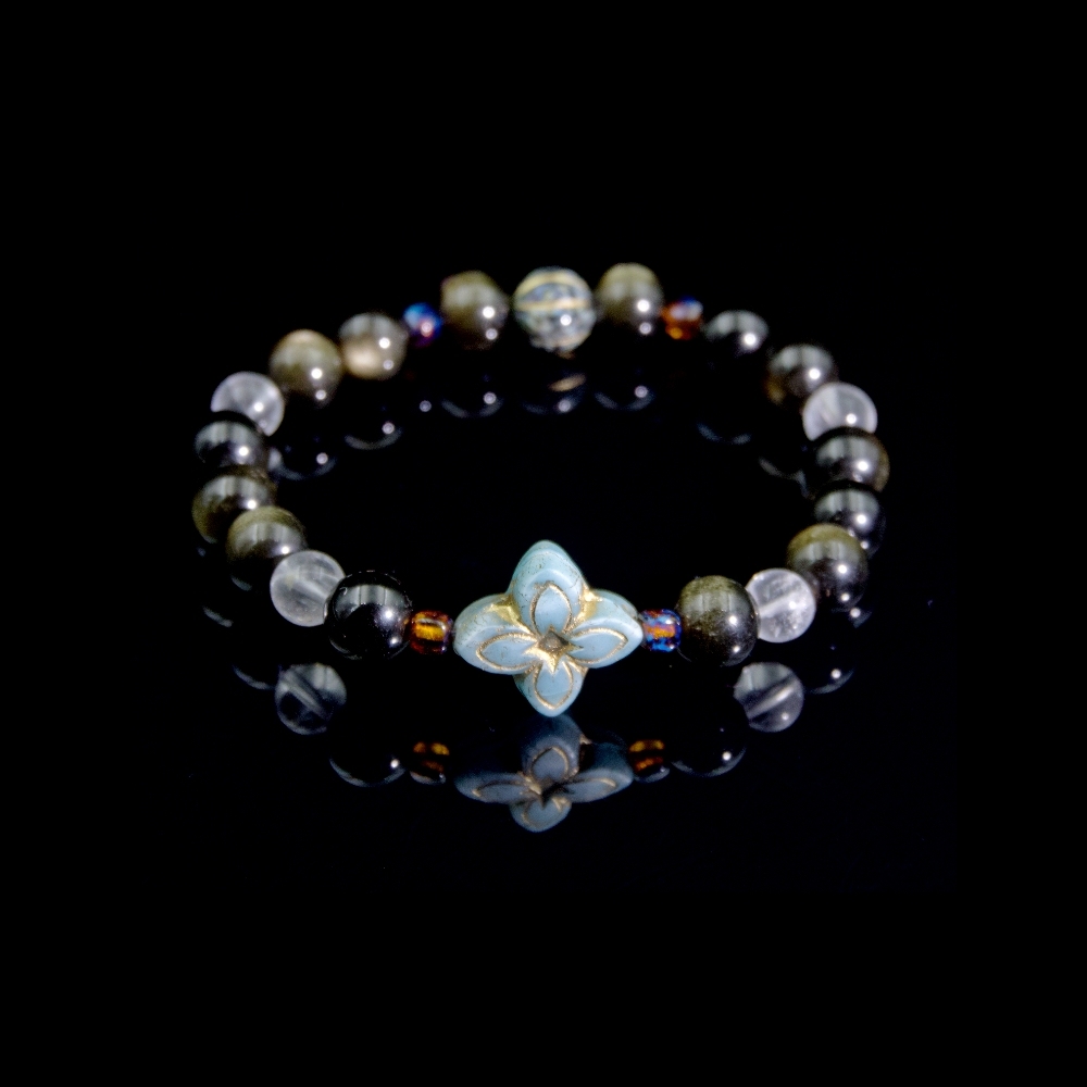 Four-Leaf Clover- Godden sheen obsidian with Brazilian clear quartz and Czech glass bracelet