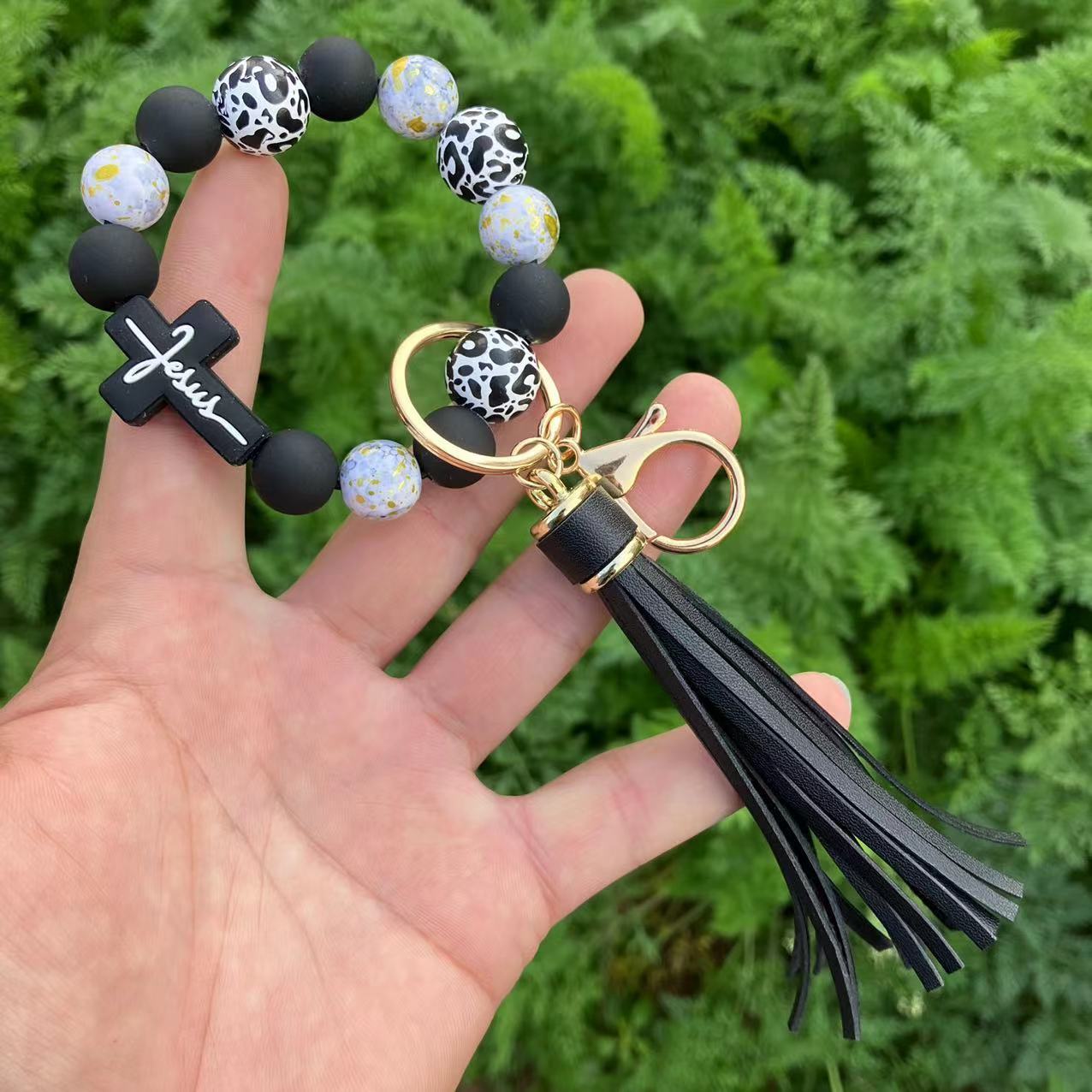 Leopard Print Beaded Bracelet & Silicone Cross Charm Keychain Set