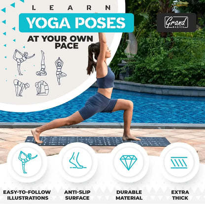Yoga Mat with 75 Illustrated Yoga Poses & 75 Stretches printed on it, Including carrying Strap